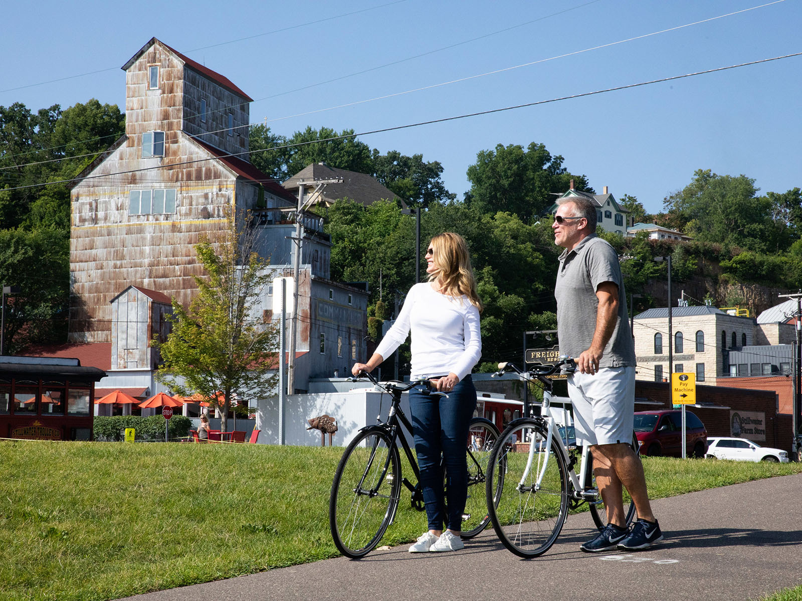 Two guests with Shinola bikes in town Lora Hotel Stillwater MN